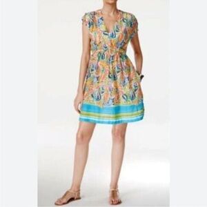 Ralph Lauren Swim Coverup Paisley Watercolor Pink Blue Green V neck